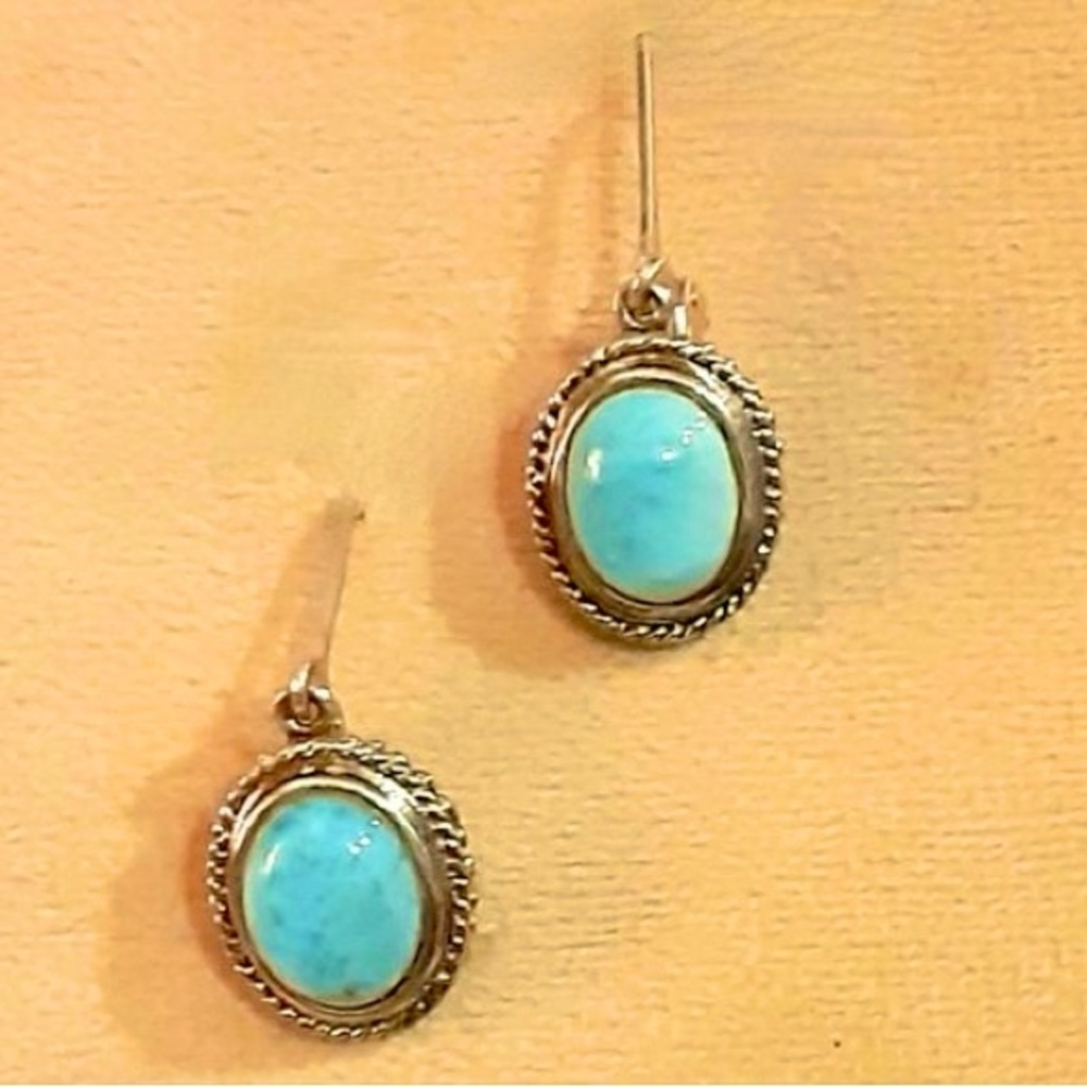Vintage Artisan Natural Larimar .925 Sterling Silver Sky Blue Hook Earrings